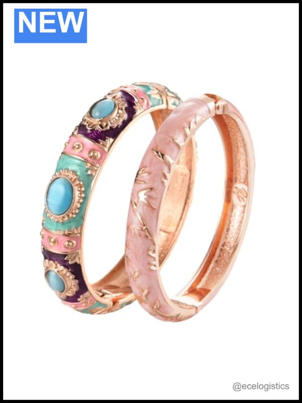 Enamel Flower Cuff Bangle Bracelets 2pc Set